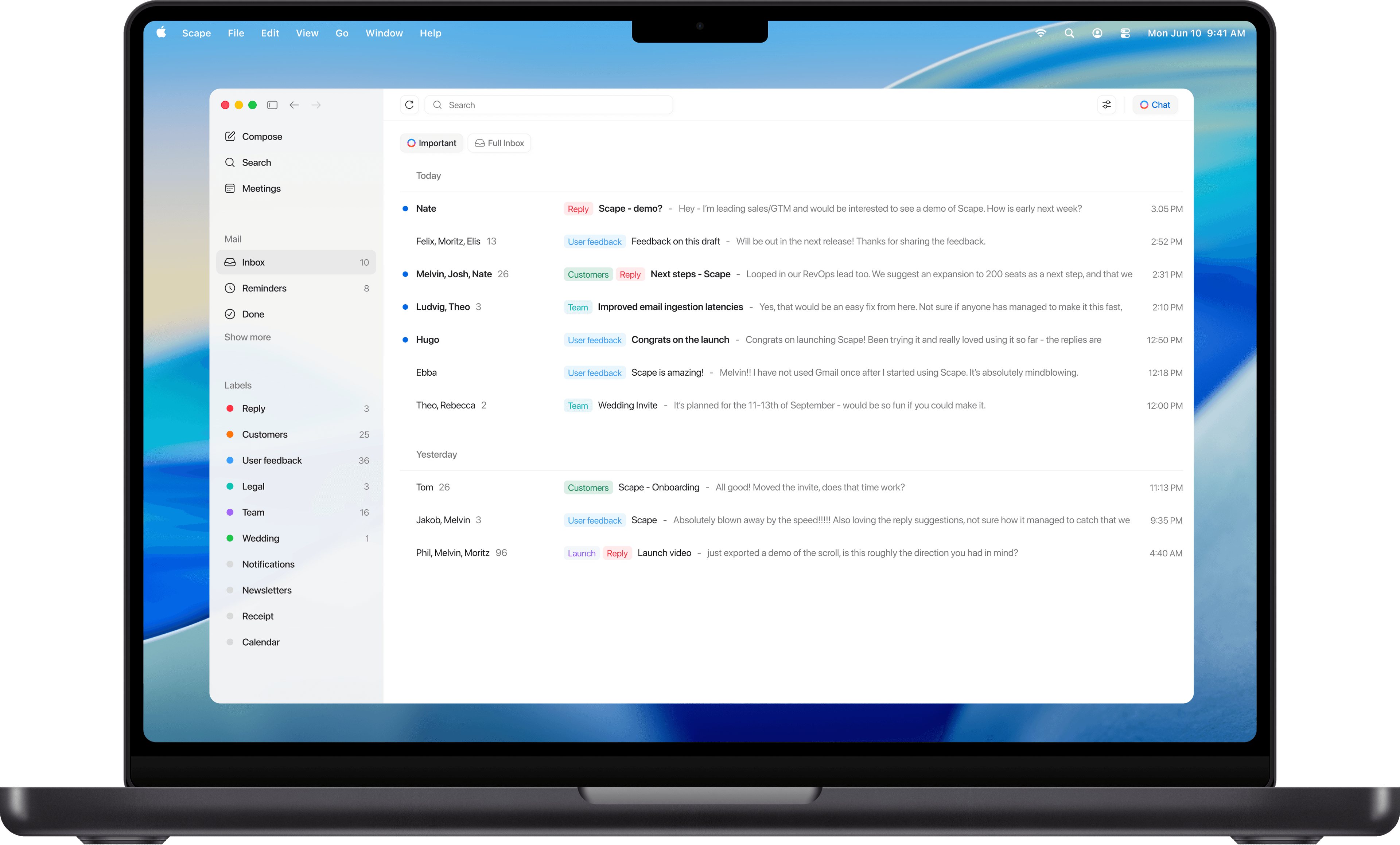 Scape inbox preview on a MacBook.